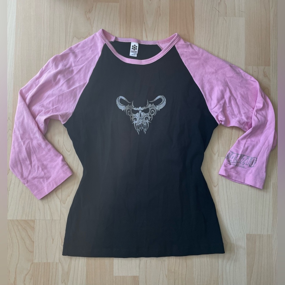 Black and Pink Danzig Glittery Metal Graphic Baseball Baby Tee